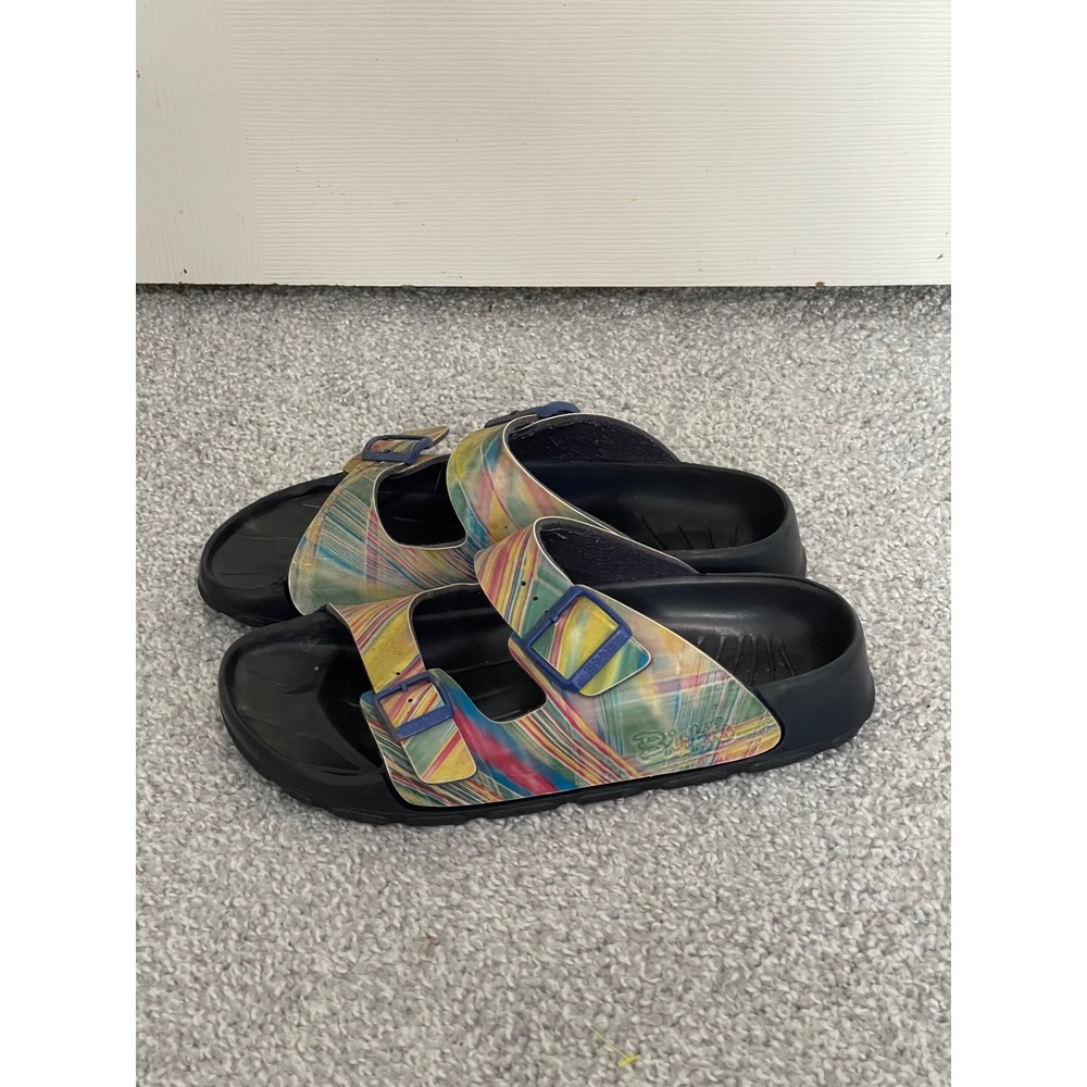 Birkies Birkenstock Womens Multi Color Rainbow Abstract Buckle Slide Sandals 9
